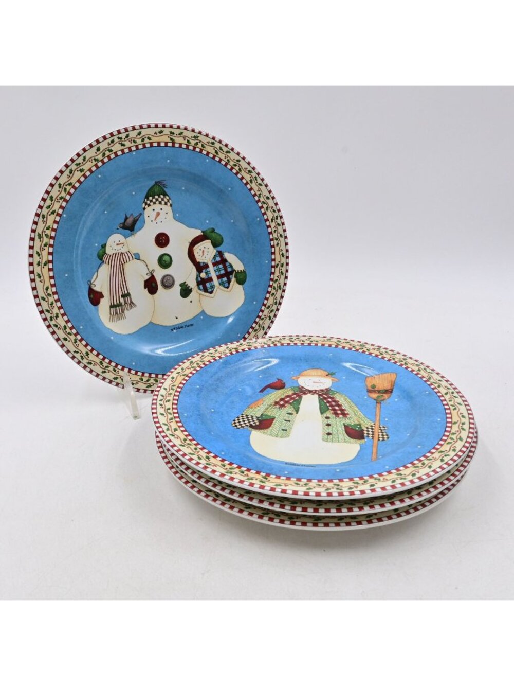 Debbie Mumm Sakura Snowman Christmas Salad Dessert Plates 8" Vintage Set of 4